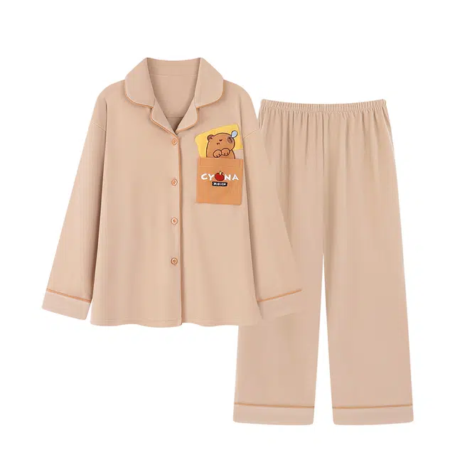 俏韵 翻领卡通秋冬季德绒保暖长袖长裤甜美可爱舒适家居服可外穿睡衣套装 男女同款