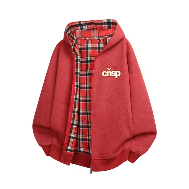 中国航天 美式复古格纹撞色拼接蜡染字母印花嘻哈街头潮流简约百搭舒适亲肤透气日常通勤外套宽松休闲重磅针织拉链连帽开衫卫衣 男女同款