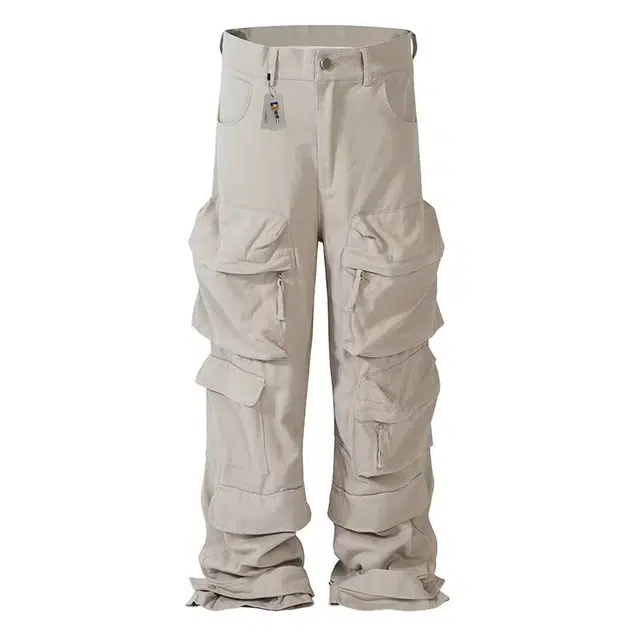 地界二 多口袋工装裤男秋冬季美式潮牌宽松褶皱伞兵小众户外裤牛仔裤 男款