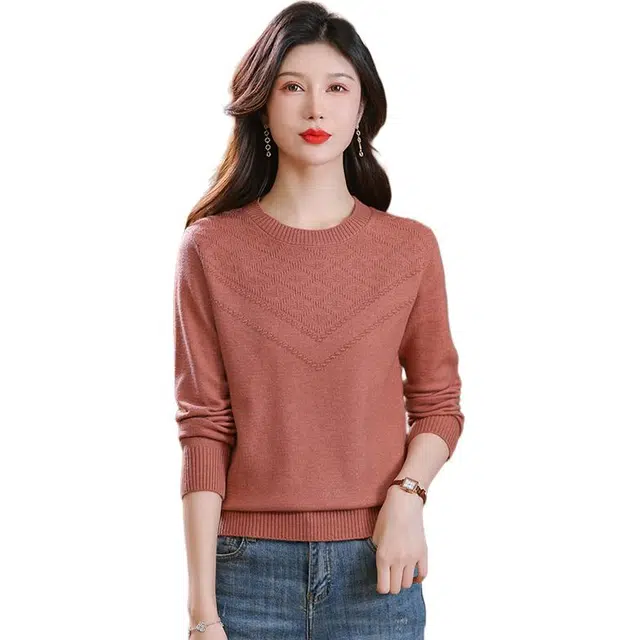 欧迪芬 春秋季简约长袖毛线衣女中年上衣洋气时尚百搭打底衫针织衫 女款