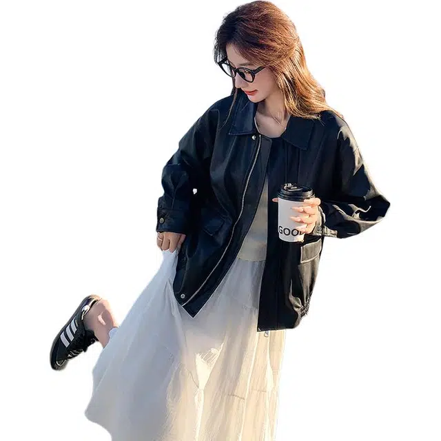 稻草人 时尚复古设计感机车风宽松百搭秋冬外套皮衣 女款