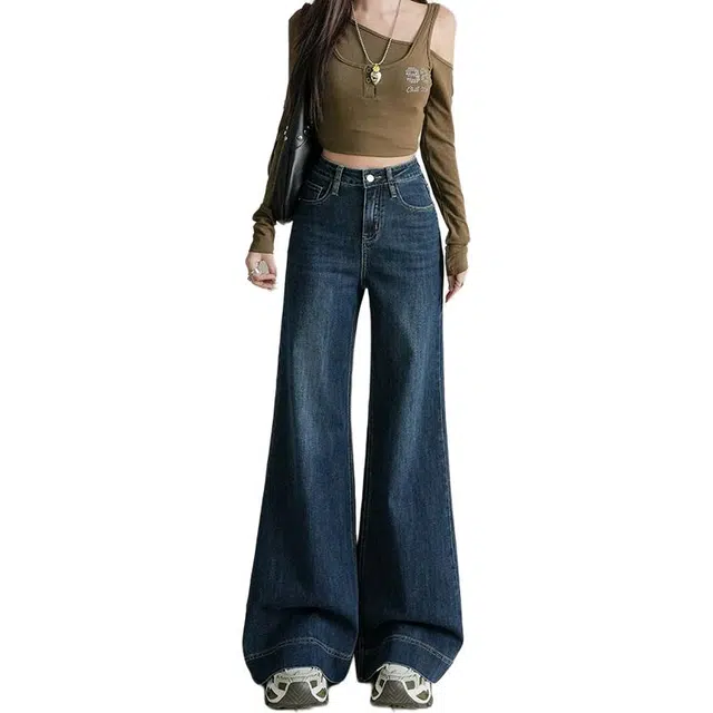 如续 美式宽松显瘦直筒微喇小个子弹力阔腿拖地牛仔裤 女款