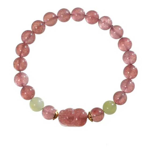 千叶珠宝 「粉韵藏灵·金环缀翠」宝宝貔貅瑞兽优雅可爱灵动贵气精致轻奢高级感小众设计款#好运天然 草莓晶 手串 男女同款情侣款