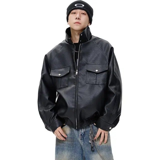 佐菲利 美式复古工装机车皮衣高街痞帅多口袋潮牌休闲宽松外套夹克 男女同款