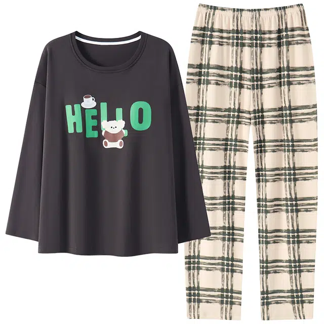 俏佳人 纯棉基础圆领套头字母格子休闲宽松舒适亲肤透气长袖长裤可外穿家居服睡衣套装 女款