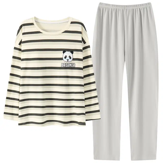 俏佳人 纯棉圆领套头条纹熊猫休闲宽松舒适亲肤透气长袖长裤可外穿家居服睡衣套装 女款