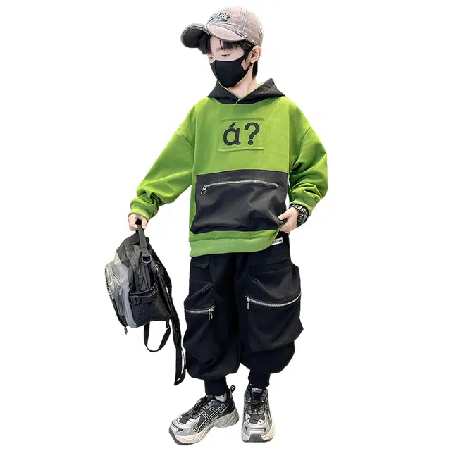浪莎休闲运动套装 春秋 时尚印花连帽口袋两件套 青少年