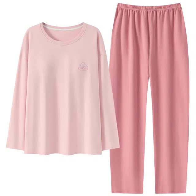 俏佳人 纯棉基础圆领套头纯色休闲宽松舒适亲肤透气长袖长裤可外穿家居服睡衣套装 女款