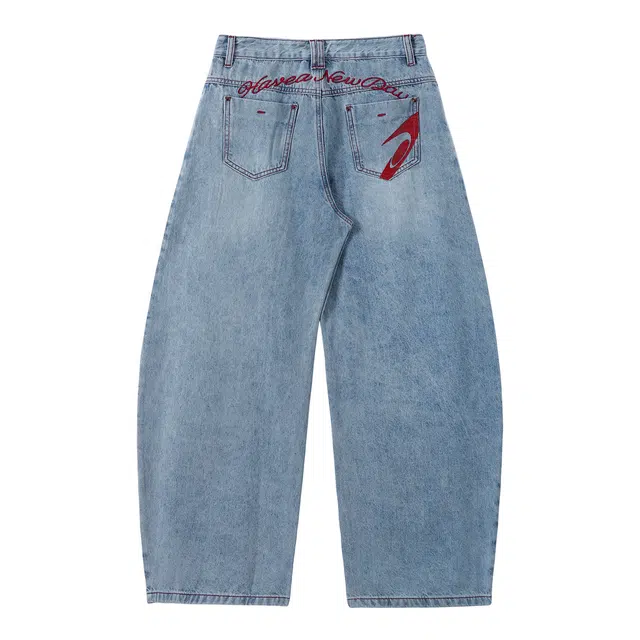 江南先生 复古重磅斜纹撞色口袋印绣花弯刀宽松百搭街头校园休闲裤子牛仔裤 男女同款