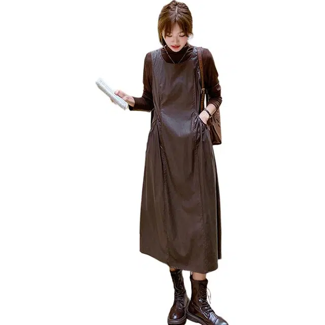 稻草人 优雅复古轻盈舒适奢华百搭高端皮质裙子两件套装 女款