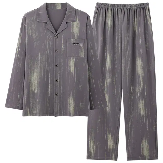 俏霓桐 时尚复古翻领纯棉亲肤宽松高级感简约休闲舒适长袖长裤家居服可外穿睡衣套装 男款