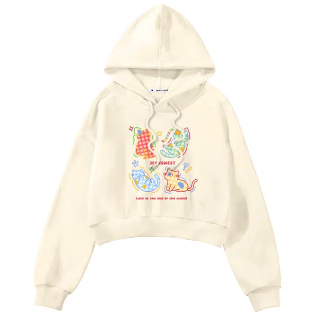 棉致 格纹小猫涂鸦可爱百搭潮流创意简约舒适落肩连帽短款长袖卫衣 女款