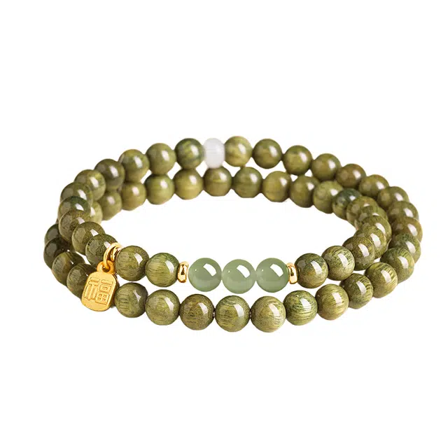 仙园韵 木作复古国潮精致淡雅招财纳福文玩手饰小众设计转运珠念珠#好运 绿檀 手串 女款