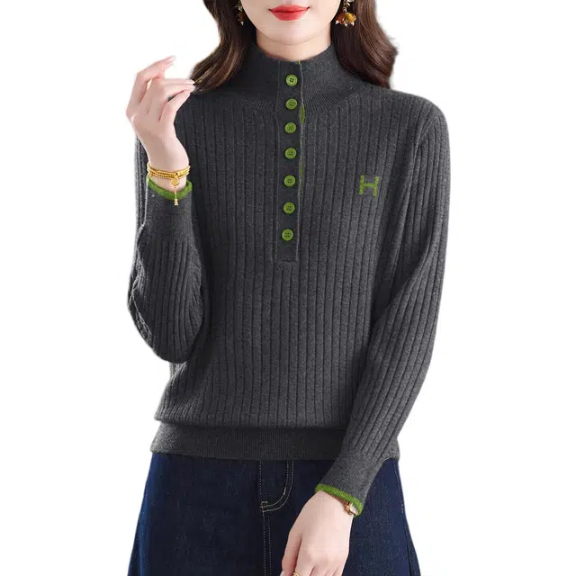 稻草人 立领设计撞色拼接时尚百搭高级感韩版风格羊毛针织衫 女款