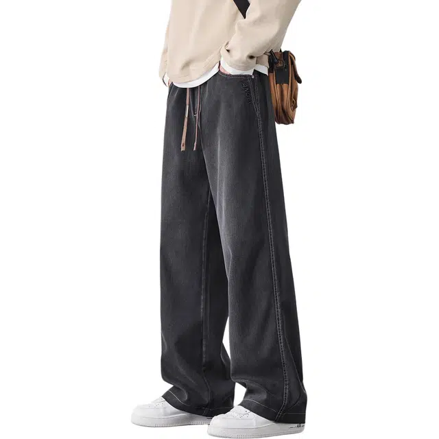 协协乐 高街风宽松阔腿垂坠感拖地裤春秋季美式复古做旧水洗潮牌青少年抽绳百搭休闲运动长裤牛仔裤 男款