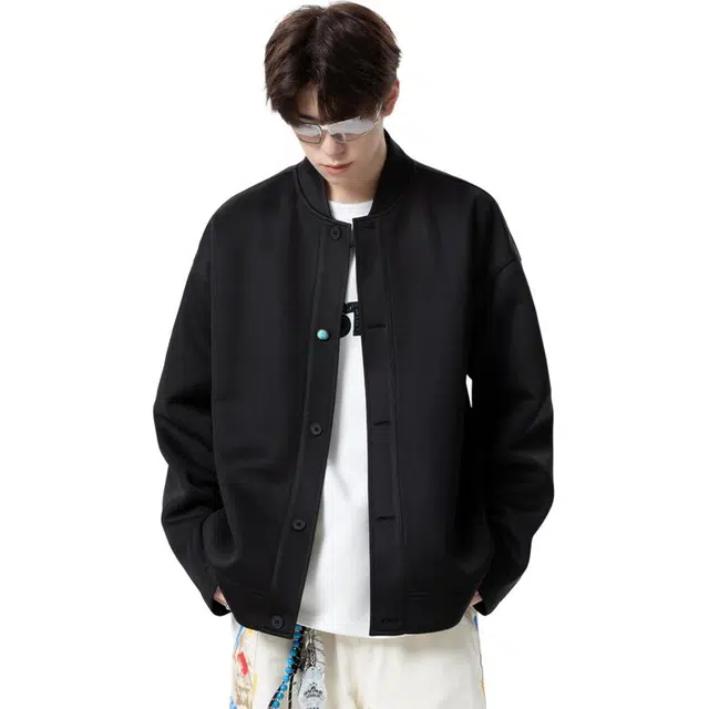 左岸 春秋外套男棒球领青少年设计感纽扣休闲大码简约长袖开衫卫衣夹克 男款