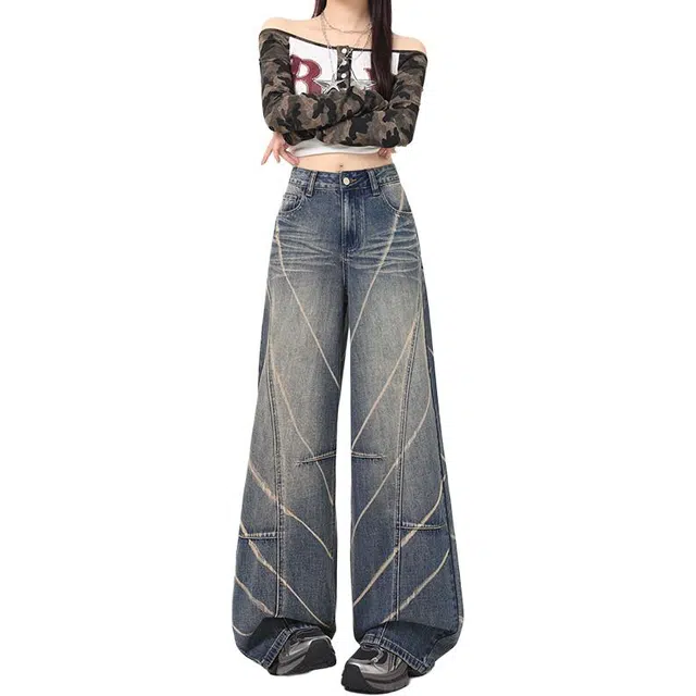 如续 美式复古初秋设计感直筒宽松显瘦高腰阔腿拖地裤牛仔裤 女款