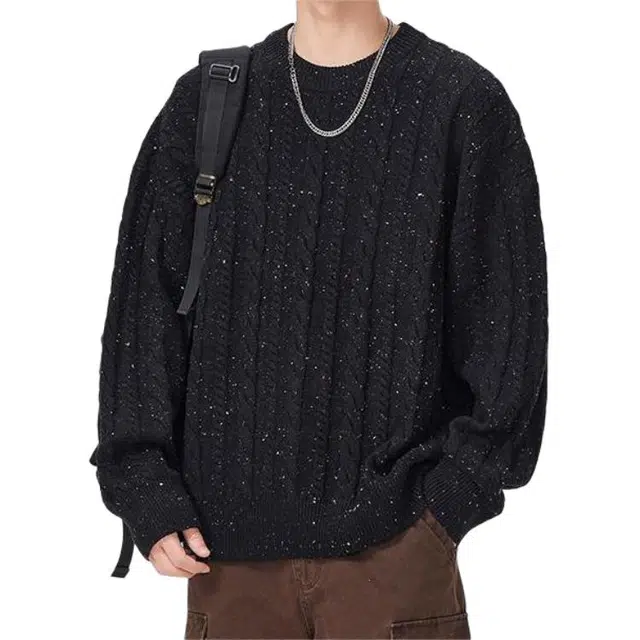 潮人榜 美式高街秋冬季圆领麻花纹设计感日系复古百搭宽松毛线衣套头休闲情侣针织衫 男女同款