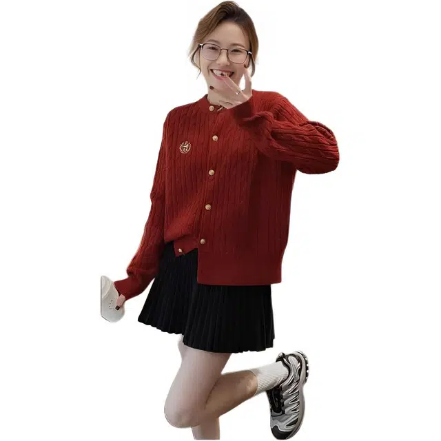 敲模女孩 美式学院风复古系粗麻花刺绣开衫外套针织衫 女款