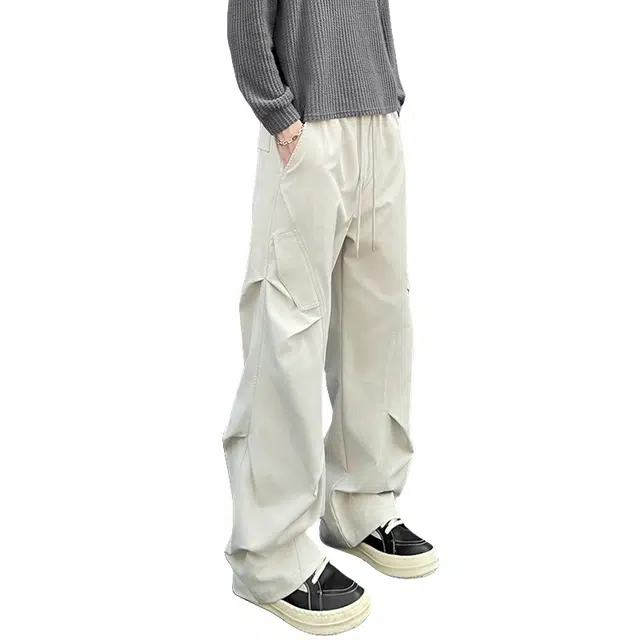 加荣 美式机能运动伞兵裤男秋户外压褶速干裤宽松阔腿百搭休闲直筒裤可系绳基础款牛仔裤男款高街痞帅潮流青少年帅气男装长裤 男女同款