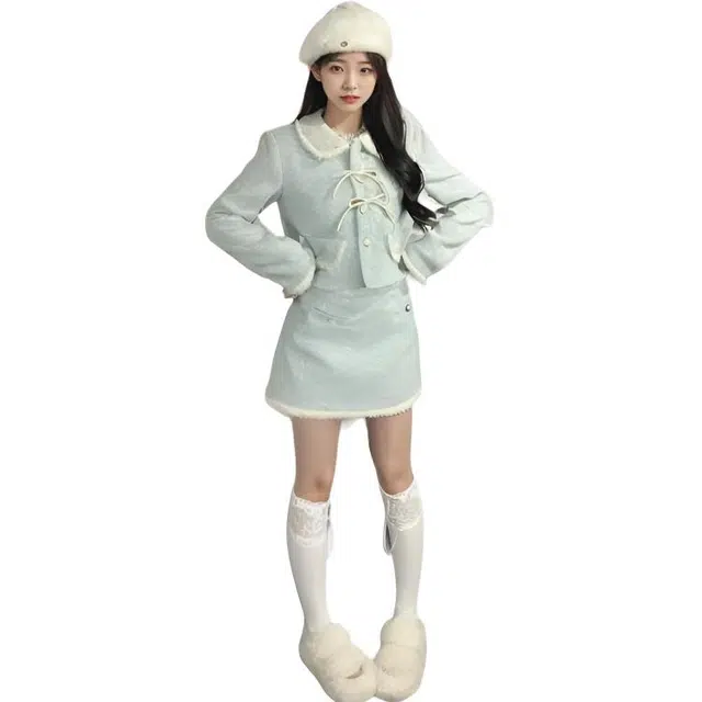 黛尔佳人 甜美减龄娃娃领小香风保暖毛呢外套半身裙两件套裙装套装 女款