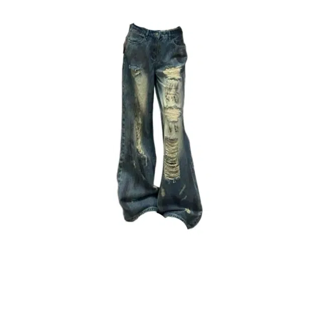 海獭 破洞阔腿裤女大码高街高腰辣妹宽松垂感拖地裤子牛仔裤 女款