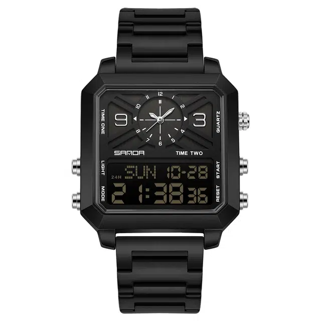 三达 潮流时尚商务方块腕表 电子+石英机芯 钢表带 国表 男表 黑色表盘