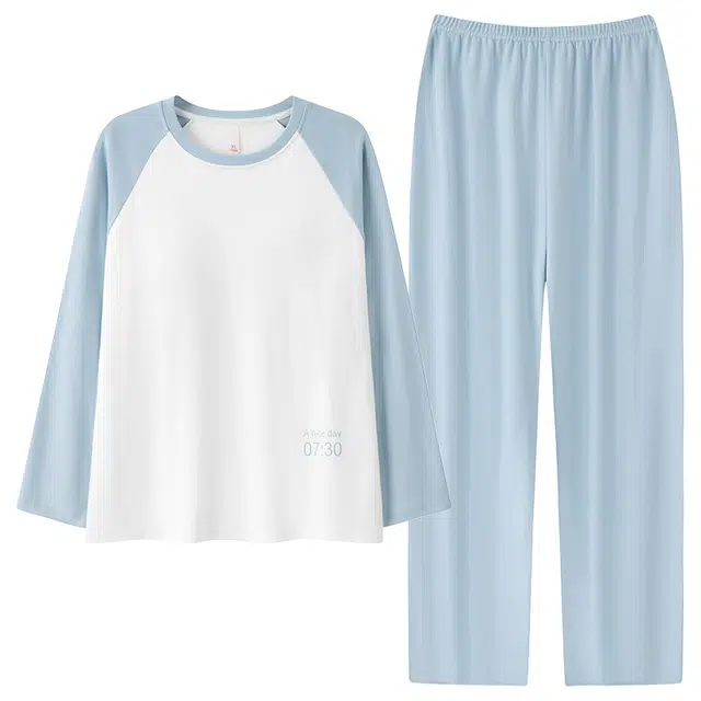 俏佳人 纯棉基础圆领套头拼色宽松休闲舒适亲肤透气长袖长裤可外穿家居服睡衣套装 女款