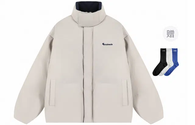 港仔文艺男 撞色绒领发泡字母印花工艺立领磁吸小立扣加厚保暖锁温抗寒落肩上衣休闲百搭简约潮流棉服外套 男女同款