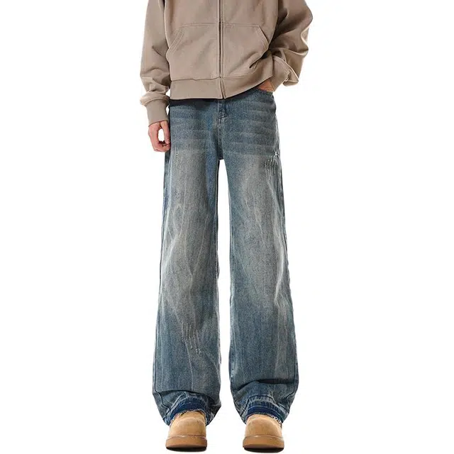 海尔斯 简约做旧潮流直筒宽松牛仔裤 男款
