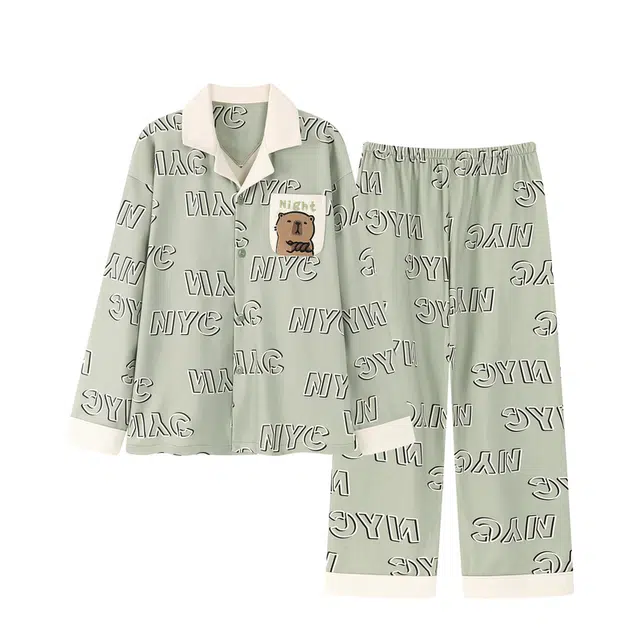 俏韵 翻领卡通秋冬季德绒保暖长袖长裤甜美印花可爱舒适家居服可外穿睡衣套装 男女同款