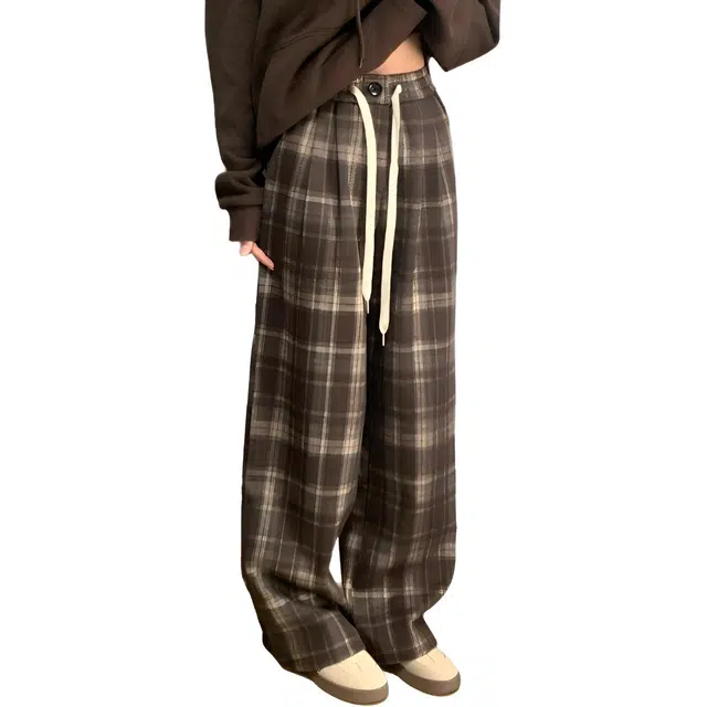 如续 潮流宽松舒适抽绳格纹设计感直筒长裤高腰显瘦垂感阔腿休闲裤 女款