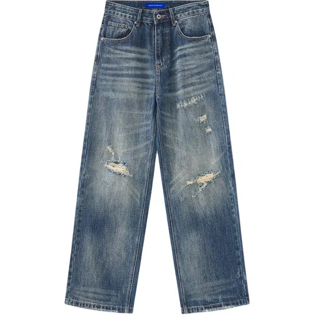帝狼牛 美式高街破洞水洗做旧宽松直筒休闲长裤春秋季潮流百搭国潮街头高级感轻奢垂感显瘦显腿长修饰腿型松紧腰阔腿牛仔裤 男女同款