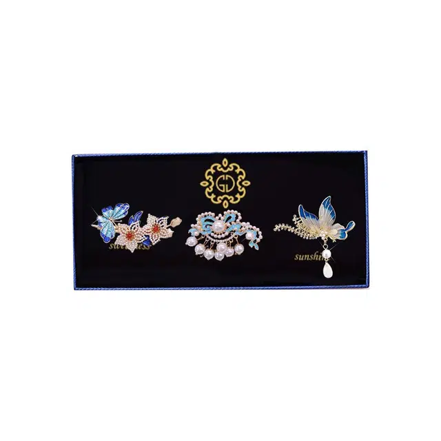 妖娆猫 轻奢珍珠碎三件套复古国潮发饰古典蝴蝶精致侧边夹发卡#好运 合金 发夹 女款