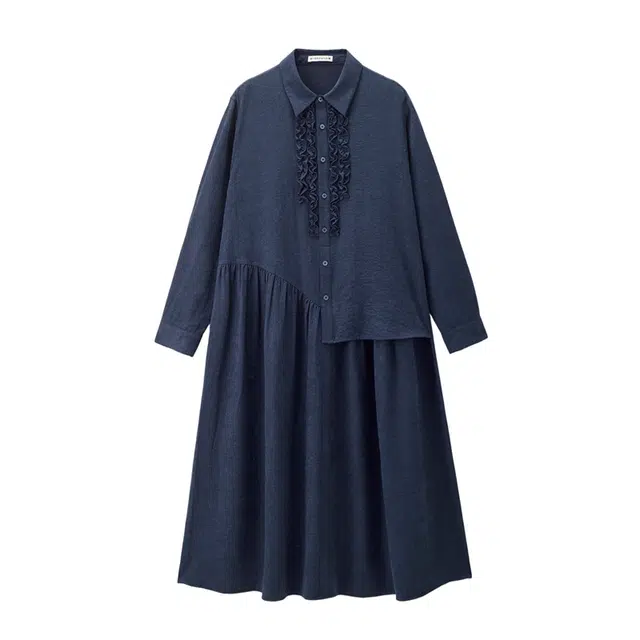 佐丹奴 拼接花边不规则收褶梭织衬衫长袖连衣裙 女款