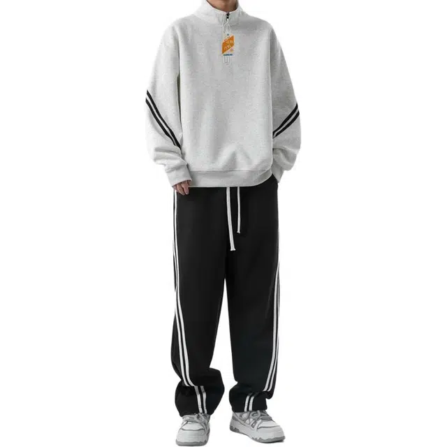 北欧攻略 秋冬条纹加绒温暖舒适立领长袖卫衣卫裤两件套学院风宽松慵懒风松弛感免搭一套衣服痞帅街头大码青少年休闲运动套装 男女同款