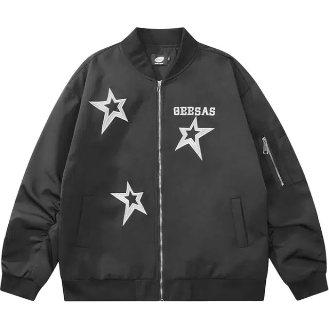 爱肯 纯色简约星星字母印花工装拉链高街美式复古潮流时尚百搭休闲飞行员宽松小众设计棒球服高级感长袖外套 夹克 男女同款