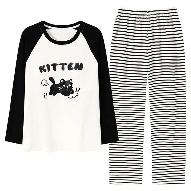 俏佳人 纯棉基础圆领套头拼色卡通条纹休闲宽松舒适亲肤透气长袖长裤可外穿家居服睡衣套装 女款