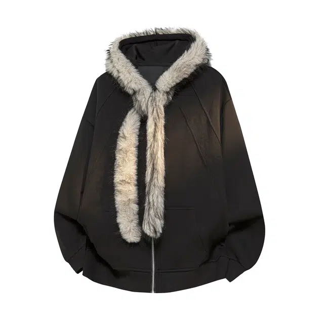 【座山雕毛领开衫外套】布客行 美式复古高街潮牌落肩长袖外穿连帽卫衣轻奢老钱风纯色飞行员教练服宽松舒适亲肤百搭慵懒风夹克 男女同款