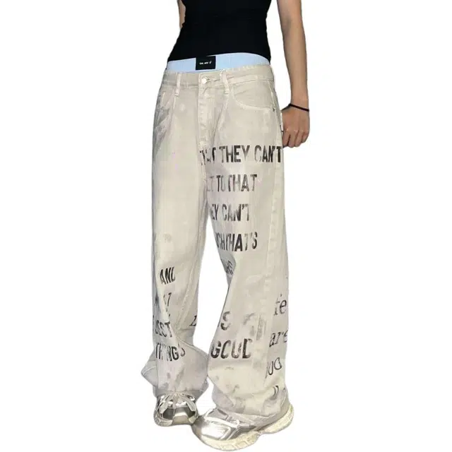 欧迪芬 美式复古脏脏色水洗做旧阔腿裤情侣款字母印花嘻哈休闲直筒长裤牛仔裤 男女同款
