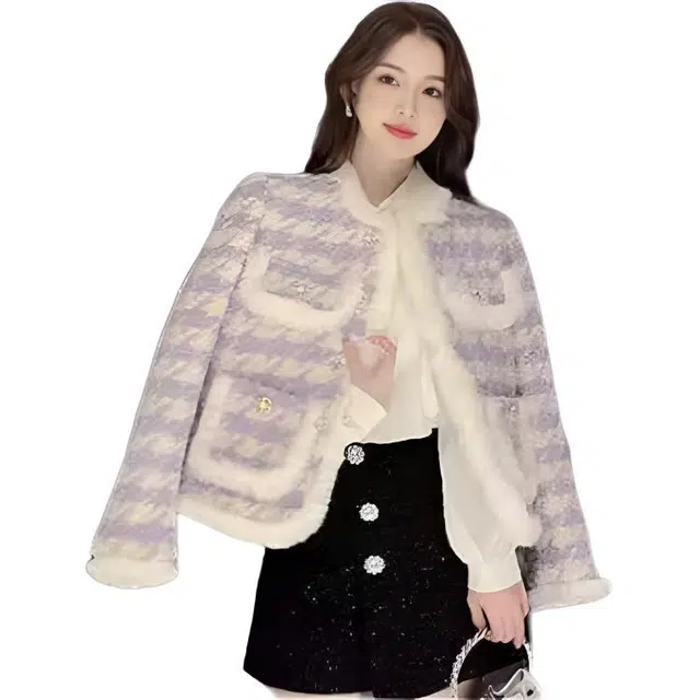 黛尔佳人 格纹小香风上衣女清新时尚名媛加厚夹棉毛呢棉服长袖外套 女款