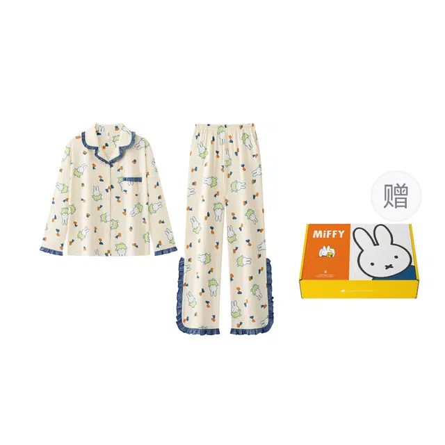 宫蝶 米菲长袖纯棉卡通满印家居服可外穿宽松休闲舒适开衫睡衣套装 女款 礼盒装