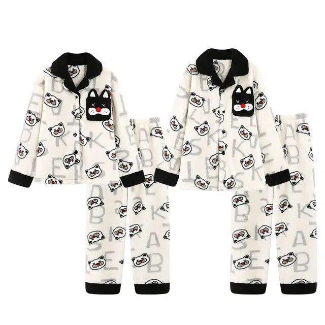 俏韵 翻领卡通冬季加绒保暖长袖长裤甜美印花可爱舒适家居服可外穿睡衣套装 男女同款