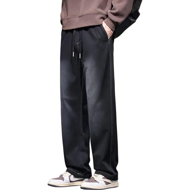 协协乐 高街风简约复古做旧水洗春秋季美式潮牌宽松直筒原色阔腿拖地裤青少年抽绳痞帅休闲长裤牛仔裤 男款