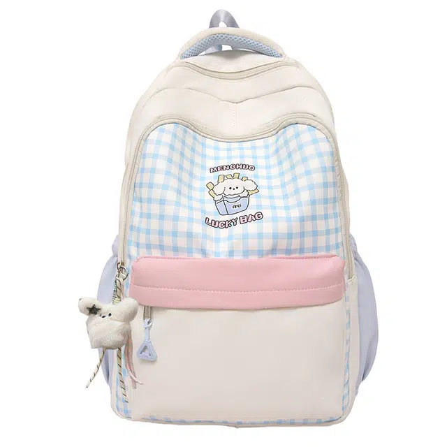 笛贝嘉 韩版可爱卡通小狗格子休闲背包上课 复合布 双肩包 大号 女款 多色