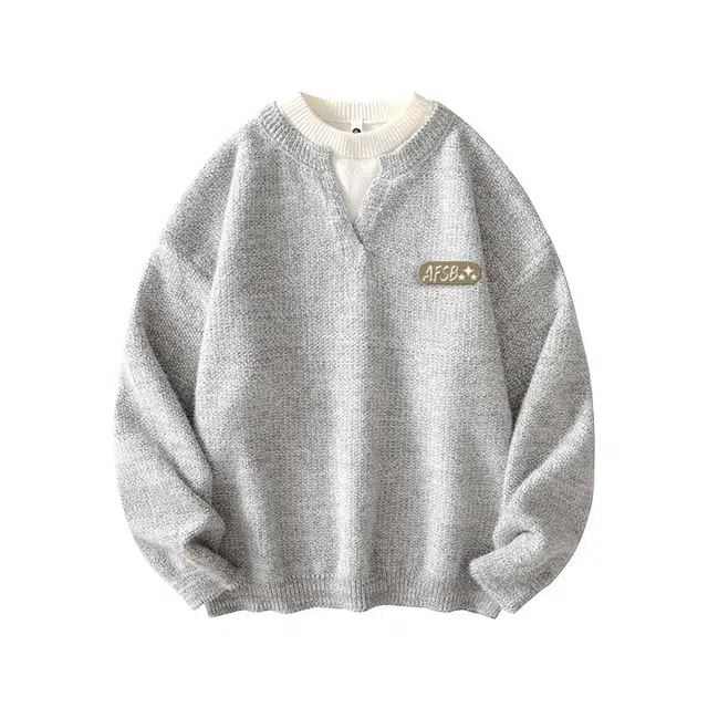 艾梵斯贝 美式复古老钱风慵懒潮流设计感假两件圆领打底衫长袖上衣秋冬季领口拼接舒适百搭休闲线衫宽松落肩袖针织衫 男女同款