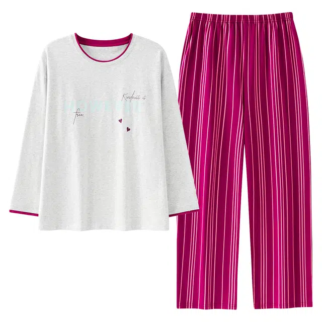 莫代尔 春秋季慵懒时尚百搭纯棉圆领套头轻盈透气个性带胸垫防凸点家居服可外穿睡衣套装 女款