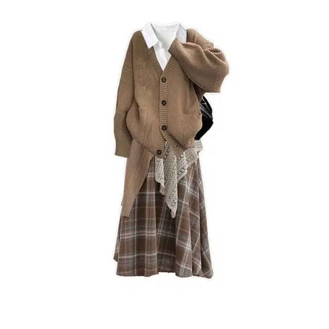 海獭 秋冬款多巴胺学生穿搭开衫毛衣女+衬衫+不规则半身裙三件套裙装套装 女款