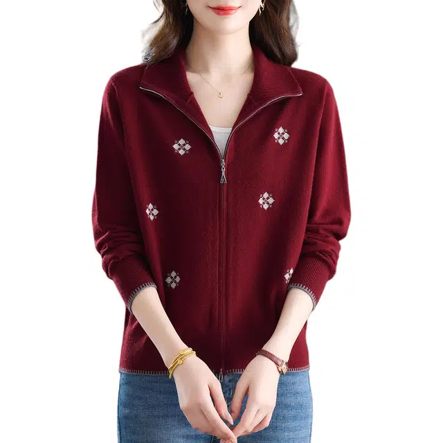 稻草人 优雅简约时尚百搭设计感精致拉链开衫外套针织衫 女款