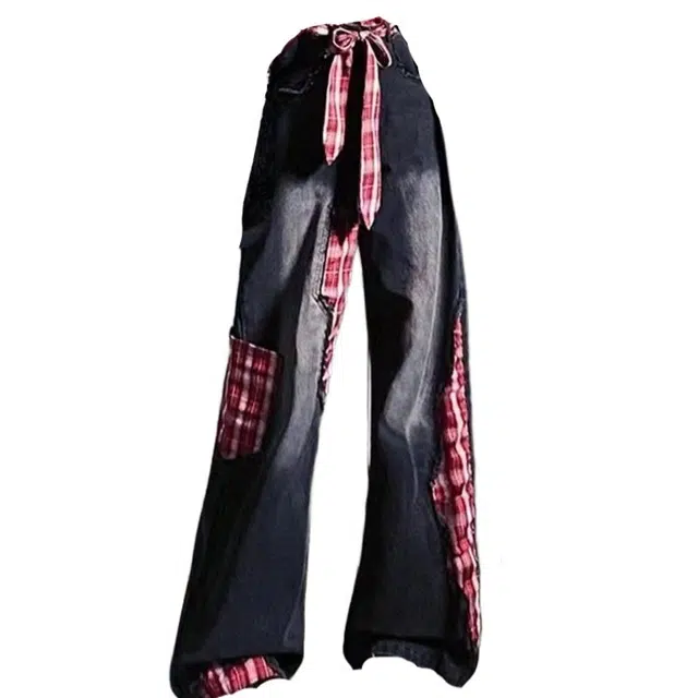 海獭 美式复古格子设计贴布拼接宽松蝴蝶结绑带拖地长裤牛仔裤 女款
